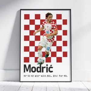 Puede incluir: Un p&oacute;ster enmarcado que muestra a un futbolista con camiseta de cuadros rojos y blancos y pantalones cortos blancos, regateando un bal&oacute;n. El fondo tiene un patr&oacute;n de cuadros rojos y blancos. El texto dice Modrić, seguido de sus logros.