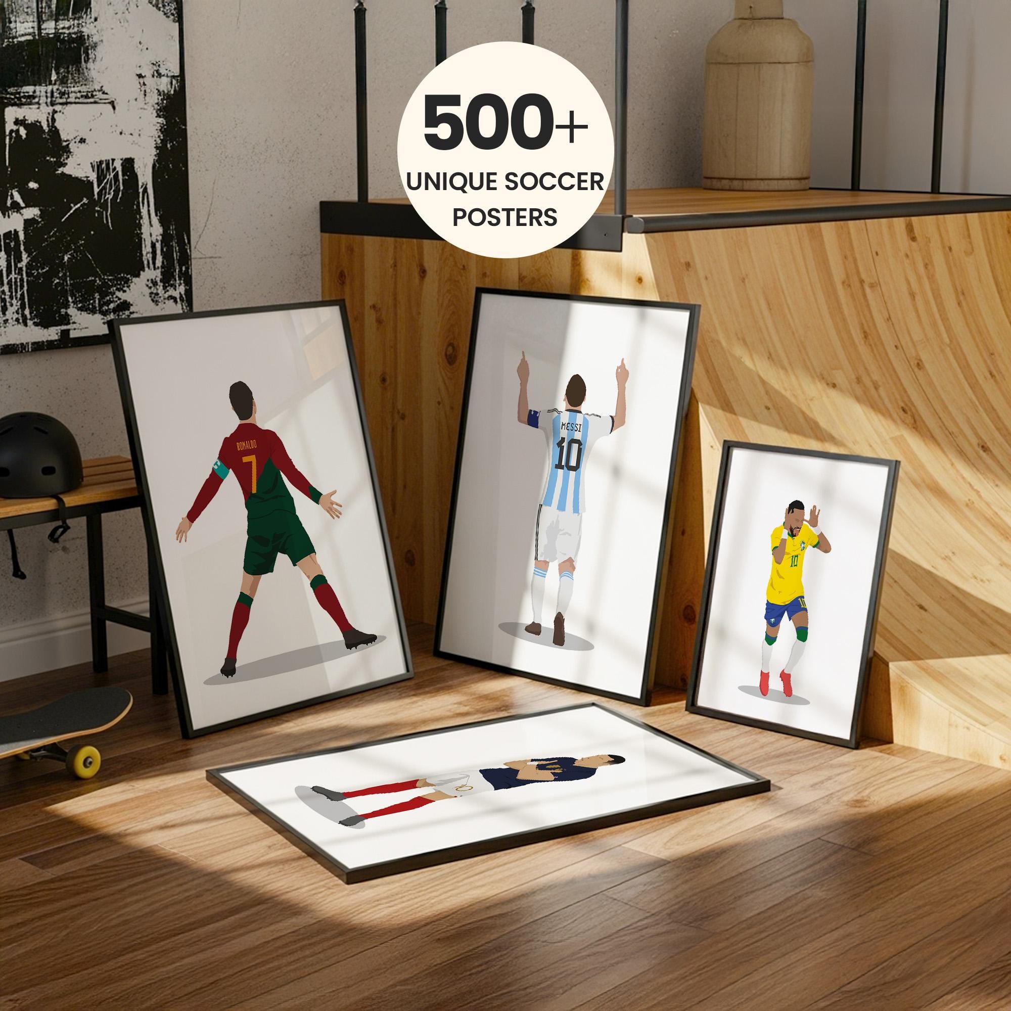 印刷可能なロナウド、メッシ、ネイマール、ムバッペのポスターセット