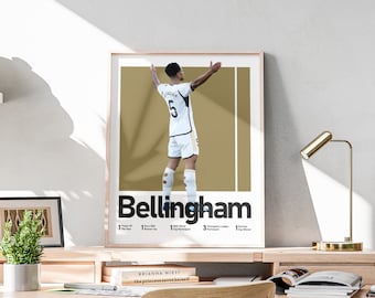 Afdrukbare Jude Bellingham-muurkunst, jongenskamerposter, inclusief voetbaltitels, Bellingham-print uit het midden van de eeuw, minimalistisch voetbalontwerp