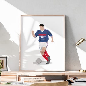 May include: A digital illustration of a soccer player wearing a blue and white jersey with the number 10 on it. The player is dribbling a soccer ball with his right foot. The background is white.