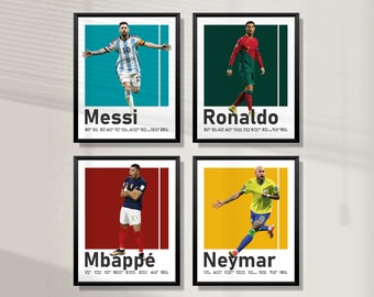 Lot d'affiches imprimables Messi Ronaldo Neymar Mbappe, avec titres de football, lot de 4 impressions, art mural football