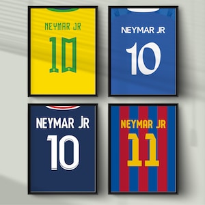 Neymar Junior All Career Jerseys Bundle, Football Star Four Shirts Set, Soccer Wall Art, Neymar Jr Football Shirts Print, 3 Sizes Included