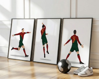 May include: Three framed wall art prints featuring a soccer player in a red and green Portugal uniform with the number 7. The player is shown in three different poses: running, jumping, and standing with arms outstretched. A soccer ball sits nearby.