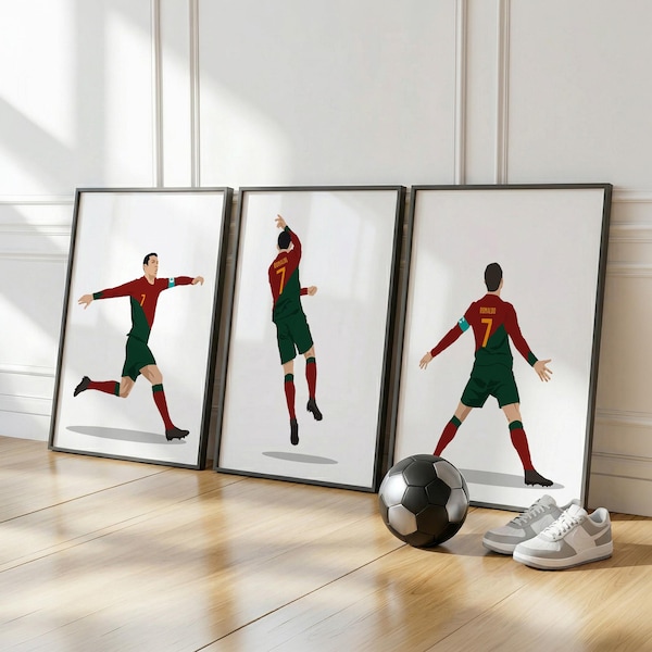 3-piece Ronaldo Illustration Poster, Portugal Football Wall Art, Minimalist Home Posters Gift