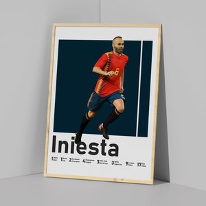 K&ouml;nnte beinhalten: Ein Poster mit einem Fu&szlig;ballspieler in einem rot-gelben Trikot, unter dem der Name "Iniesta" steht. Der Spieler rennt mit dem Ball und tr&auml;gt die Nummer "6" auf seinem Trikot. Das Poster listet auch die Erfolge des Spielers auf, darunter 1 Weltmeisterschaft, 2 Europameisterschaften, 4 Champions-League-Titel, 3 FIFA-Klub-Weltmeistertitel, 9 La-Liga-Titel und 17 Supercopa-Titel.
