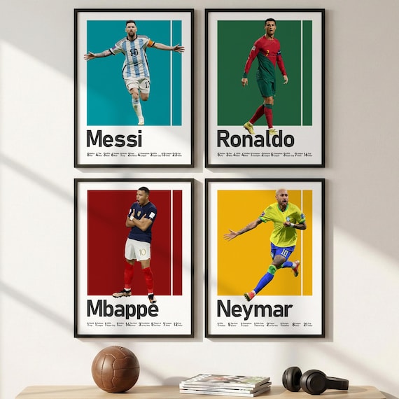 Messi Ronaldo Neymar Mbappe Soccer Poster Set, 4 Piece Football Gallery Wall