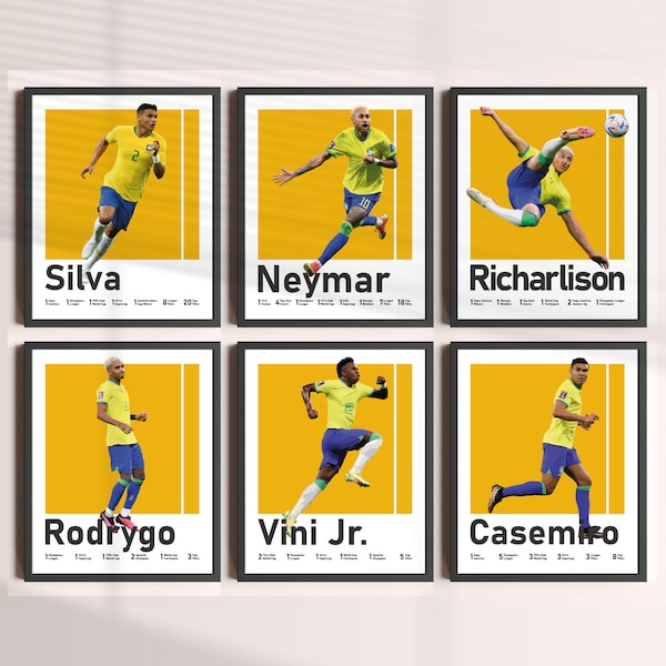 Printable Six Brazilian National Footballers Bundle, Neymar Jr, Vinicius Jr, Thiago Silva, Richarlison, Casemiro, Rodrygo, Set of 6 Prints