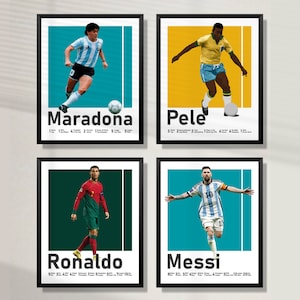 May include: Four framed posters showcasing football legends Maradona, Pele, Ronaldo, and Messi. Each poster includes a portrait, name, and achievements. The backgrounds are teal, yellow, and green, with black frames.