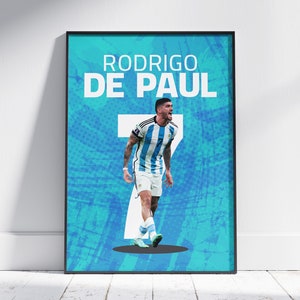 Arte de fútbol imprimible, ilustración de Rodrigo De Paul, centrocampista argentino, idea de regalo para fanáticos del fútbol, póster deportivo de 50 x 71 cm