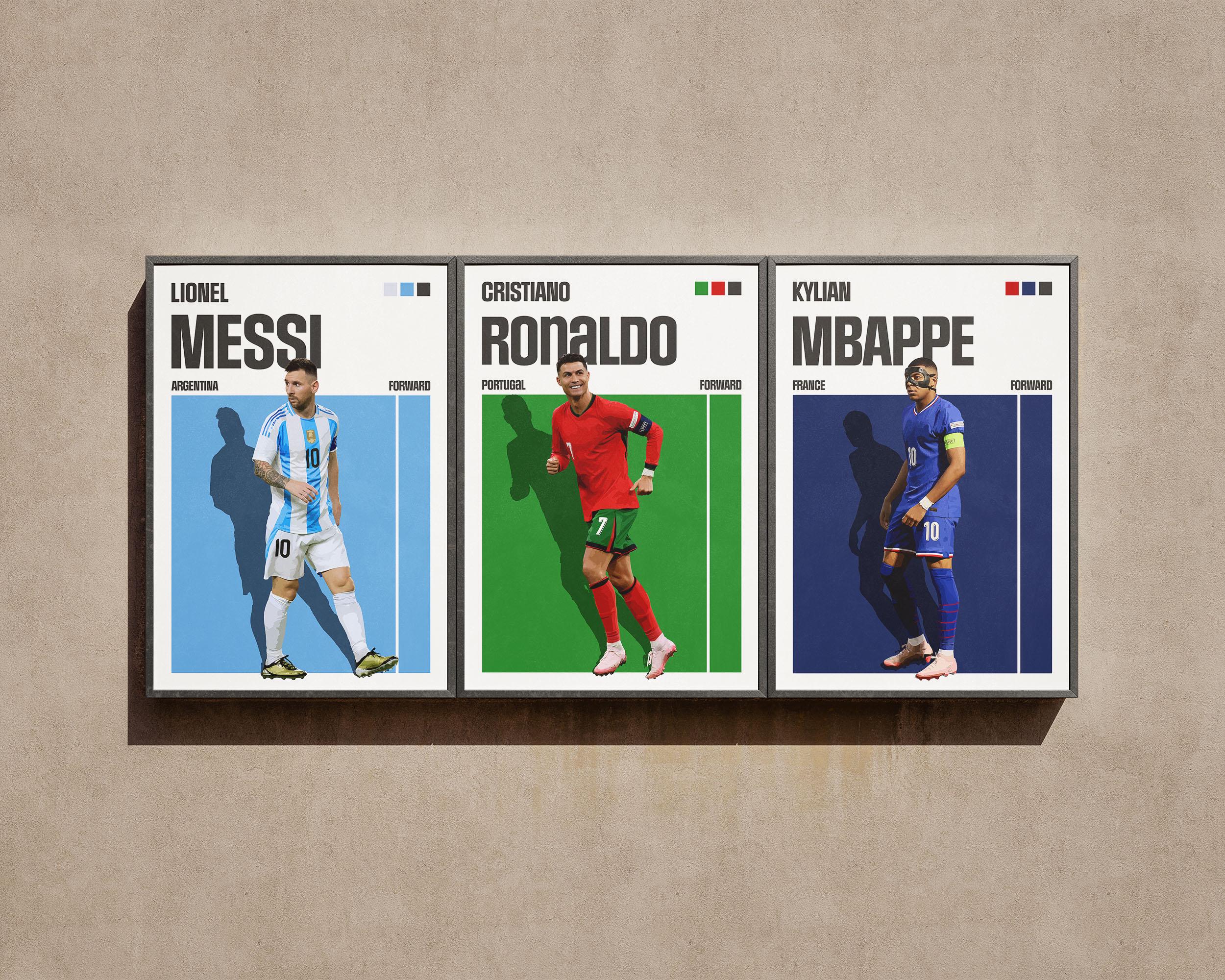 メッシ、ロナウド、ムバッペのポスター：サッカースターのウォール