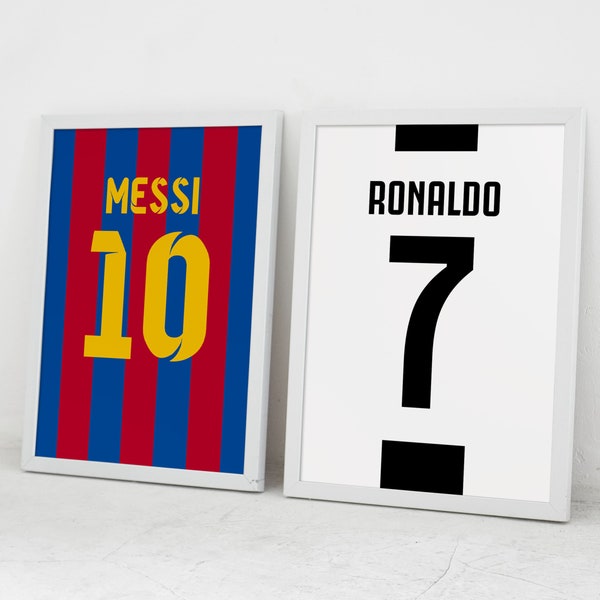 Digital Football Prints, Messi Ronaldo Jersey Wall Art, Printable Soccer Wall Art, Set of 2 Prints