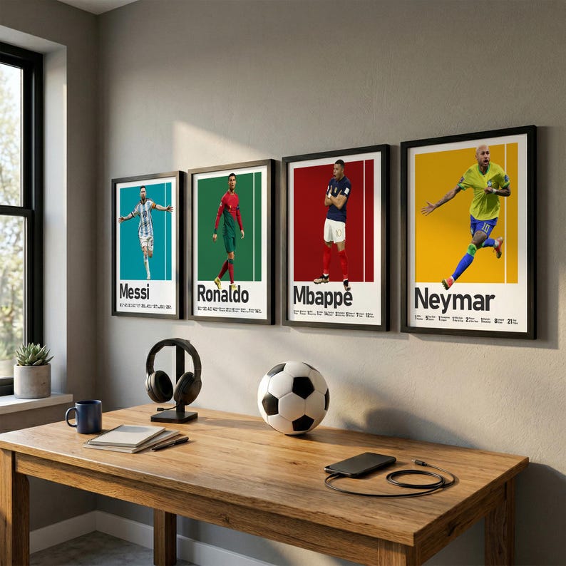K&ouml;nnte beinhalten: Vier gerahmte Wandposter mit den Fu&szlig;ballspielern Messi, Ronaldo, Mbappe und Neymar. Jedes Poster zeigt eine Ganzk&ouml;rper-Aktionsaufnahme des Sportlers vor einem einfarbigen Hintergrund mit dem Namen in fetter schwarzer Schrift unten.