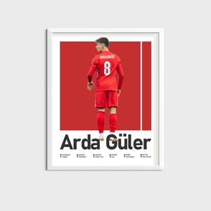 May include: A red and white poster with a photo of a soccer player wearing a red jersey with the number 8 on the back. The player is standing on a red background. The text "Arda G&uuml;ler" is printed in black at the bottom of the poster.