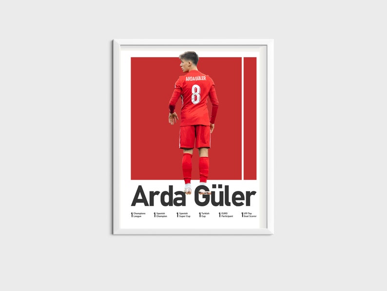 May include: A red and white poster with a photo of a soccer player wearing a red jersey with the number 8 on the back. The player is standing on a red background. The text "Arda G&uuml;ler" is printed in black at the bottom of the poster.