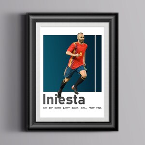 K&ouml;nnte beinhalten: Ein gerahmtes Poster mit einem Fu&szlig;ballspieler in einem rot-gelben Trikot, unter dem der Name "Iniesta" steht. Der Spieler ist in der Luft und tritt einen Fu&szlig;ball. Das Poster enth&auml;lt auch eine Liste der Leistungen des Spielers, darunter 1 Weltmeisterschaft, 2 Europameisterschaften, 4 La Liga-Titel, 3 Champions League-Titel, 9 spanische Supercups und 17 Troph&auml;en.