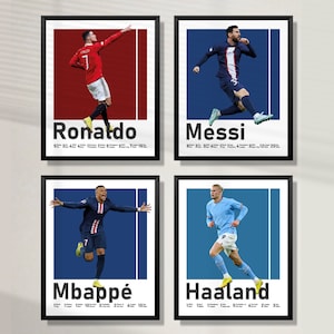 Printable Messi Ronaldo Haaland Mbappe Posters Bundle, Quartet of Posters, Kylian Mbappe, Erling Haaland, Soccer Print, With Football Titles