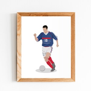 May include: A digital illustration of a soccer player wearing a blue and white jersey with the number 10 on the front, white shorts, and red socks. The player is dribbling a white soccer ball.