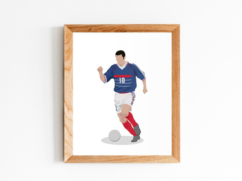 May include: A digital illustration of a soccer player wearing a blue and white jersey with the number 10 on the front, white shorts, and red socks. The player is dribbling a white soccer ball.