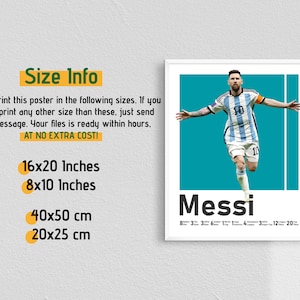 May include: A framed poster of Lionel Messi in an Argentina jersey, with a teal background and the name "Messi". Available sizes: 40x50 cm, 20x25 cm, and also 16x20 inches and 8x10 inches.