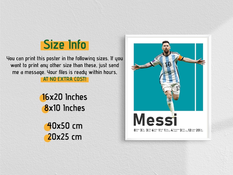 May include: A framed poster of Lionel Messi in an Argentina jersey, with a teal background and the name "Messi". Available sizes: 40x50 cm, 20x25 cm, and also 16x20 inches and 8x10 inches.