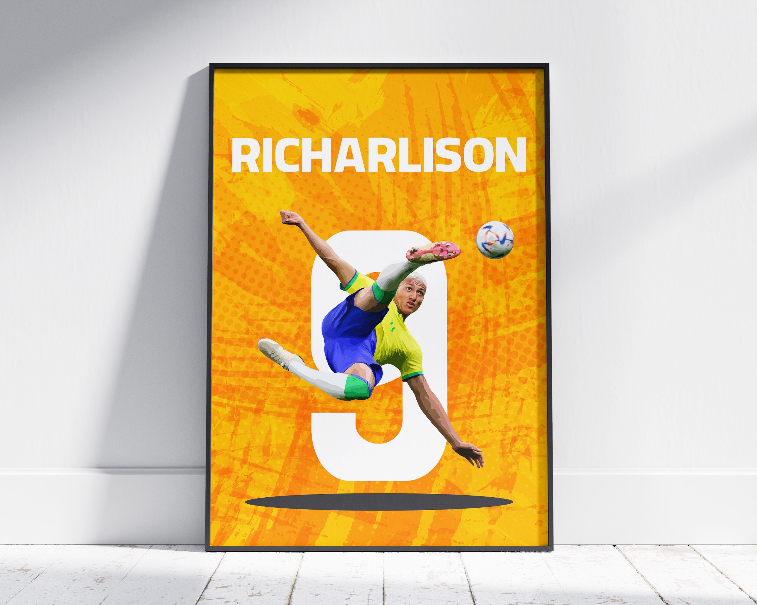 Richarlison Poster, Wunderschöner Fallrückzieher, Nationaler Fußball Stürmer Brasiliens, cooler Fußball Kunstdruck, große Wandkunst, erschwingliche Kunst