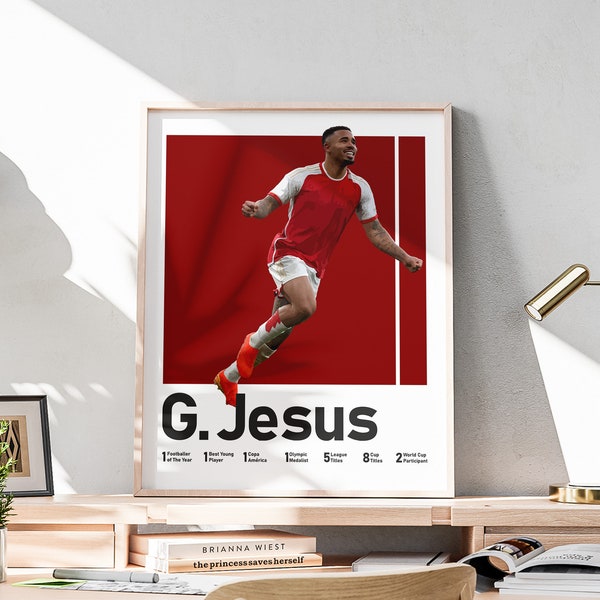 Affiche imprimable Gabriel Jesus, attaquant de football brésilien, impressions de chambre d'ado, art mural Gabriel Jesus, cadeau pour garçon, affiche de football moderne