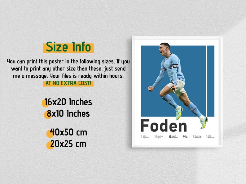 May include: A white framed poster with a blue background featuring a football player in a light blue shirt celebrating a goal. The poster includes the player's name "Foden" and a list of his achievements. The poster is available in four sizes: 16x20 inches, 8x10 inches, 40x50 cm, and 20x25 cm.