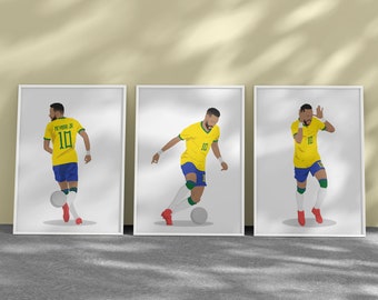 Digitale handgetekende muurkunst Neymar JR Brazil, set van 3 prints