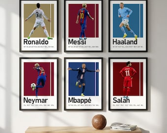Juego de 6 carteles de estrellas de fútbol, impresiones de Messi Ronaldo Mbappe Neymar Haaland Salah