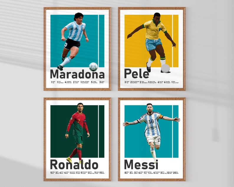 May include: Four framed art prints featuring iconic football players: Maradona, Pele, Ronaldo, and Messi. Each print shows a player in action with their name and achievements. The prints have a wooden frame and a colourful background.