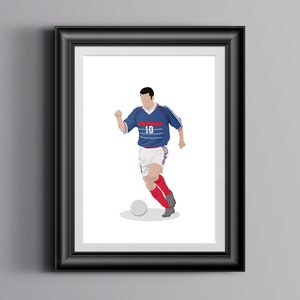 May include: A framed illustration of a soccer player wearing a blue and white jersey with the number 10 on the front. The player is dribbling a soccer ball with his right foot.