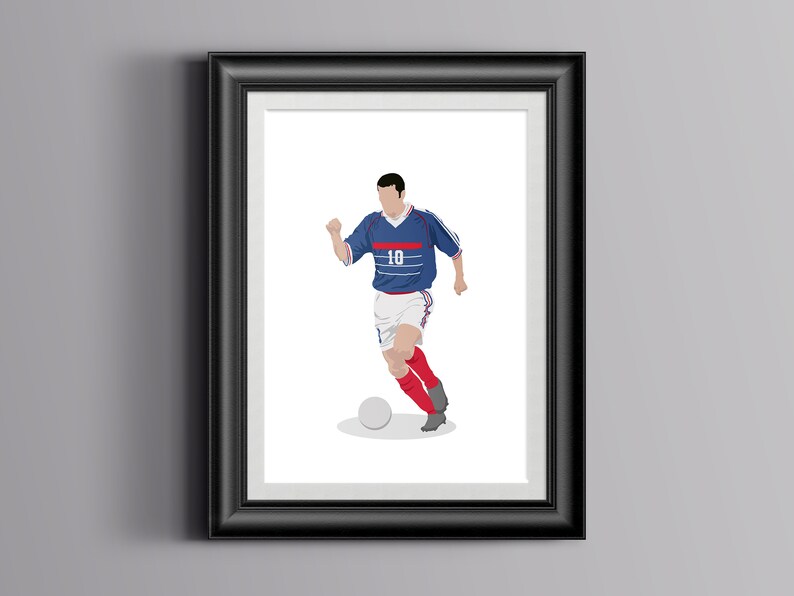 May include: A framed illustration of a soccer player wearing a blue and white jersey with the number 10 on the front. The player is dribbling a soccer ball with his right foot.