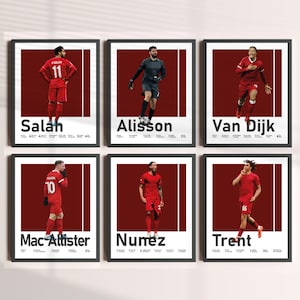 Salah Van Djerk Nunez, Alisson Becker, Alexander-Arnold, Mac Allister, druckbares sechs Fußballspieler Poster Bundle, Geschenk für Fußballliebhaber