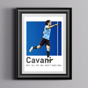 Puede incluir: Un p&oacute;ster enmarcado con un jugador de f&uacute;tbol con una camiseta azul celebrando un gol. El jugador corre con el brazo levantado y apuntando hacia la derecha. El p&oacute;ster incluye el nombre del jugador "Cavani" y estad&iacute;sticas sobre su carrera.