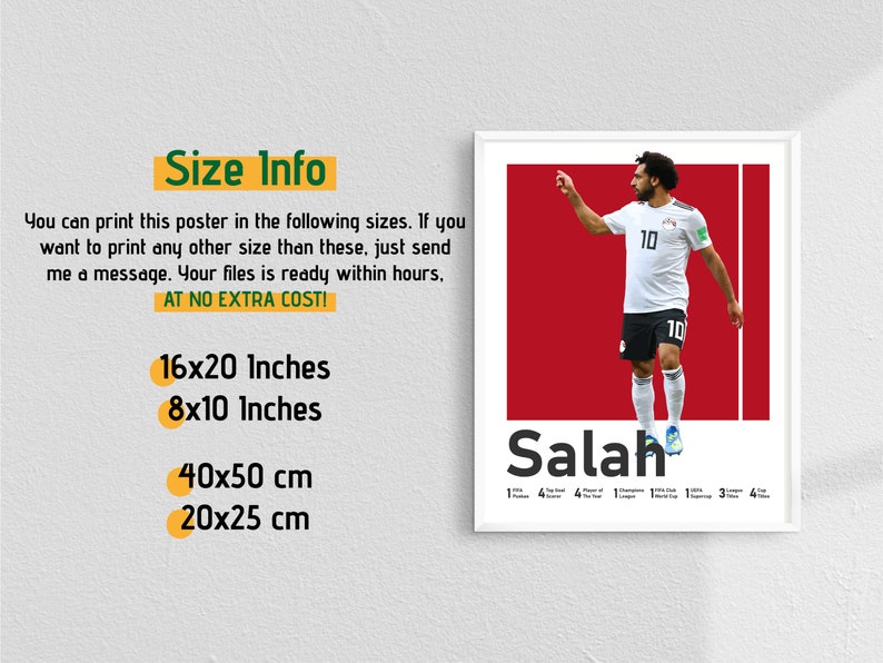 K&ouml;nnte beinhalten: Ein wei&szlig; gerahmtes Poster mit rotem Hintergrund, auf dem ein Fu&szlig;ballspieler in einem wei&szlig;en Trikot mit der Nummer 10 zu sehen ist. Der Spieler hebt seinen rechten Arm und zeigt mit dem Zeigefinger. Der Text "Salah" ist in Wei&szlig; unter dem Spieler gedruckt. Das Poster ist in vier Gr&ouml;&szlig;en erh&auml;ltlich: 16x20 Zoll, 8x10 Zoll, 40x50 cm und 20x25 cm.