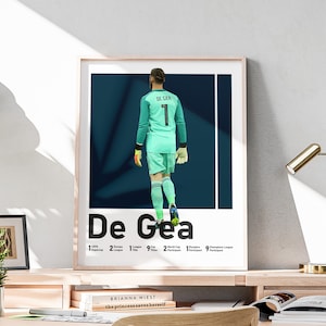 Póster imprimible de David de Gea, portero español, arte mural de De Gea, regalos para niños, decoraciones para hombres, incluye logros futbolísticos.