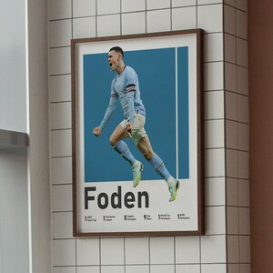 May include: A poster featuring a football player in a blue shirt celebrating a goal. The player is in mid-air with his arms raised. The poster has the player's name "Foden" in large black letters at the bottom. The poster also lists the player's achievements, including 1 Premier League title, 1 Champions League title, 5 English Super Cup titles, 9 Premier League Player of the Month awards, 1 World Cup participant, and 1 Euro participant.
