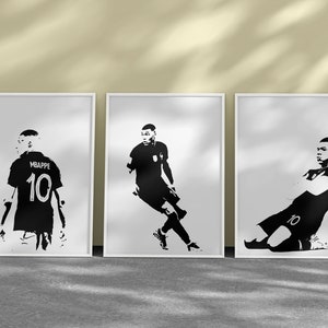 Druckbare Kylian Mbappe Schwarz-Weiß-Poster, Set mit 3 Drucken