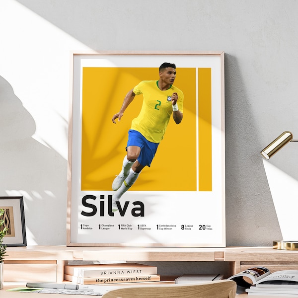 Affiche imprimable Thiago Silva, défenseur du football brésilien, impressions de chambre pour adolescents, cadeau pour petit ami, titres de football inclus