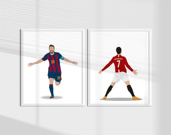 Ronaldo en Messi posterset, minimalistische voetbalkunst (digitale download)