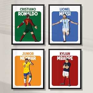 Printable Mbappe Ronaldo Messi Neymar Wall Art Set, Hand-Drawn 4 Football Legends Posters Set, Teen Room Decorations, Set of 4 Prints