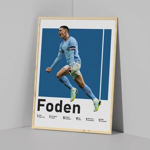 May include: A framed poster featuring a footballer in mid-air, celebrating a goal. The player is wearing a light blue shirt with white accents. The poster has a blue background and the player's name, "Foden", is printed in bold black letters at the bottom. The poster also lists the player's achievements, including 1 Super Cup, 1 Champions League, 5 English Champions, 9 Cup Titles, 1 World Cup Participant, and 1 Euro Participant.