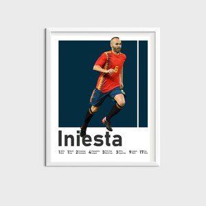 K&ouml;nnte beinhalten: Ein gerahmtes Poster mit einem Fu&szlig;ballspieler in einem rot-gelben Trikot, unter dem der Name "Iniesta" steht. Der Spieler ist in der Luft und tritt einen Fu&szlig;ball. Das Poster enth&auml;lt den Text "1 Weltmeisterschaft, 2 Europameisterschaften, 4 La Liga, 3 UEFA Champions League, 9 La Liga, 17 Copa del Rey".