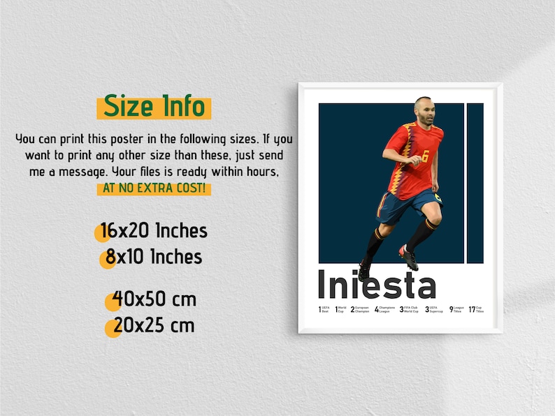 K&ouml;nnte beinhalten: Ein digitales Poster mit einem Fu&szlig;ballspieler in einem rot-gelben Trikot, der rennt, mit dem Wort "Iniesta" darunter. Das Poster ist in zwei Gr&ouml;&szlig;en erh&auml;ltlich: 16x20 Zoll und 8x10 Zoll. Es ist auch in zwei Gr&ouml;&szlig;en erh&auml;ltlich: 40x50 cm und 20x25 cm.