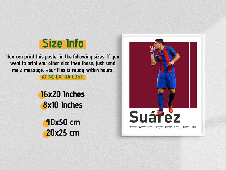 Może przedstawiać: A framed poster with a soccer player in a blue and red uniform, with the name "Su&aacute;rez" in white. The poster includes size options: 40x50 cm, 20x25 cm, 16x20 inches, and 8x10 inches.
