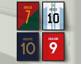 Conjunto de camisetas de estrellas del fútbol: Messi, Ronaldo, Mbappé, Haaland (descarga digital)