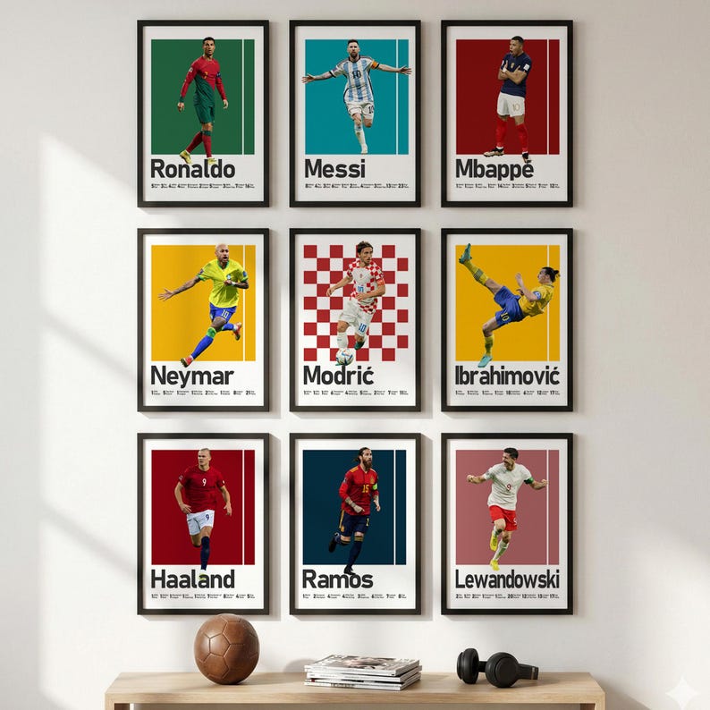 Paquete de 9 carteles de jugadores de fútbol, Ronaldo, Messi, Ibrahimovic, Mbappé, Haaland, Lewandowski, Neymar, Ramos, Modric imagen 1