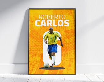 Brazilian Iconic Defender, Roberto Carlos Poster, Digital Nostalgic Football Art, 2002 Brazil National Squad, One of the Best Defenders