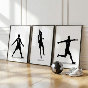 May include: Three framed wall art prints featuring black silhouettes of a football player wearing a jersey with the number 7 and the name Ronaldo on the back. Each print shows a different pose of the athlete on a white background.