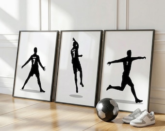 May include: Three framed wall art prints featuring black silhouettes of a soccer player wearing a jersey with the number 7 and the name Ronaldo on the back. Each print shows a different pose of the athlete on a white background.